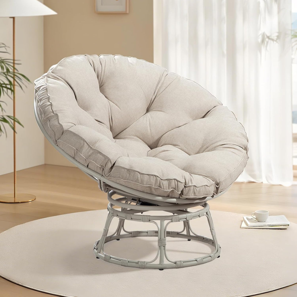 Poltrona TWSOUL, 100 cm, Bianco/Crema, girevole a 360°, con cuscino, acciaio, rattan, per giardino e terrazzo