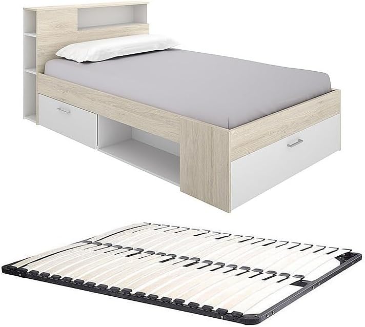Letto Vente-unique LEANDRE, 218,5 × 129,5 × 95 cm, MDF, Bianco, con rete a doghe, per camera da letto