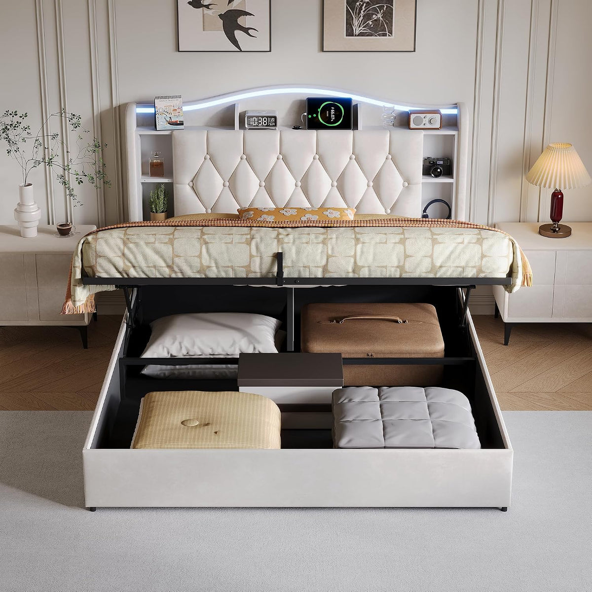 Letto contenitore KOOPMAD, matrimoniale, 140 × 190 cm, legno, velluto, Beige, con contenitore, regolabile, con rete a doghe, con porta USB