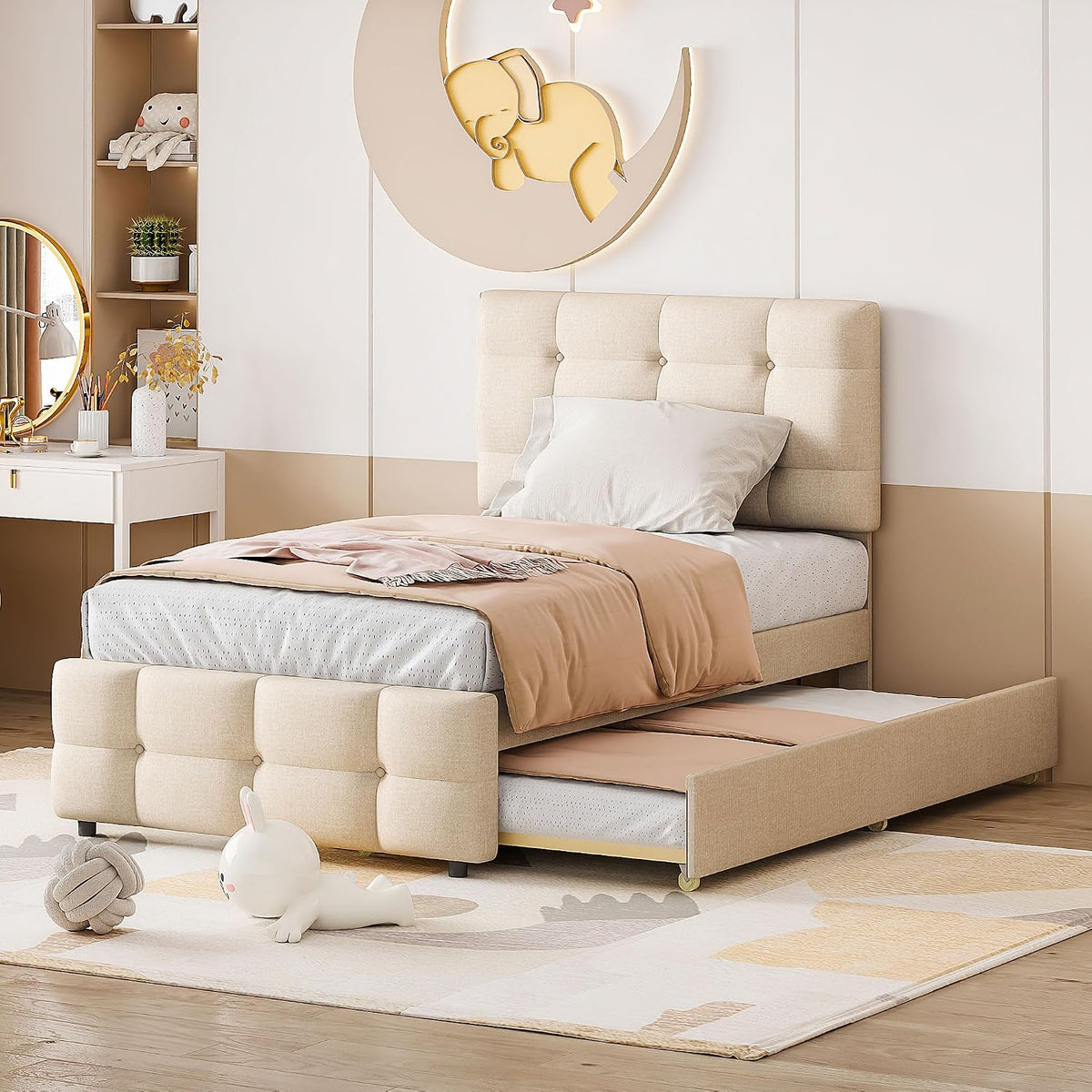 Letto MURUL, singolo, 90 × 200 cm, lino, pelle, Beige, regolabile, con rete a doghe, imbottito, per camera da letto