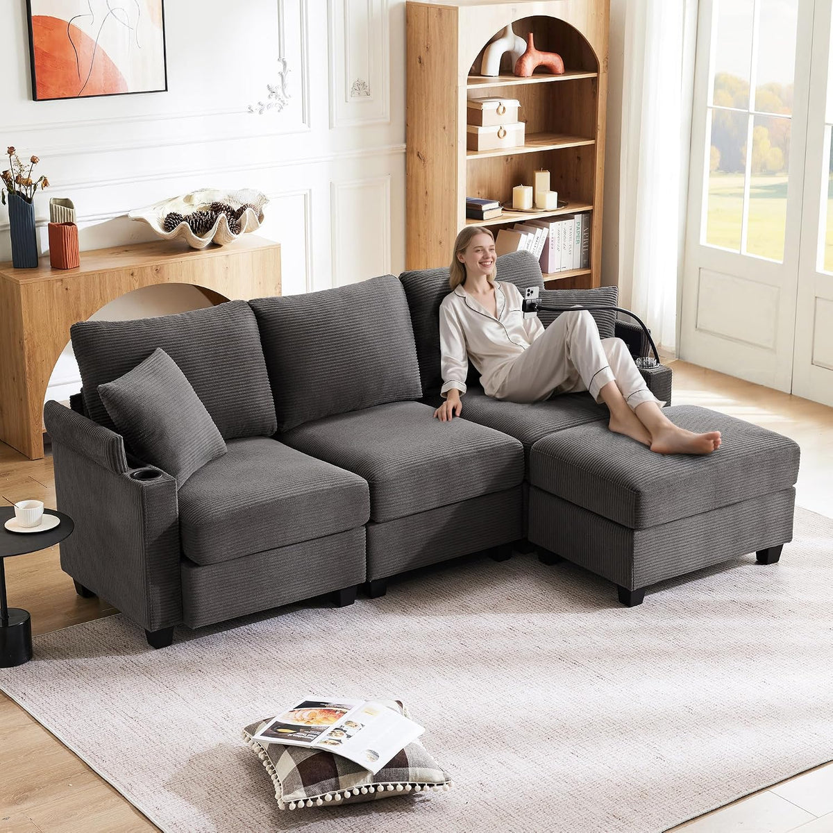 Soweiz Divano angolare, 3 posti, 213,5 × 139 × 87 cm, Grigio scuro, tessuto, trasformabile, con poggiapiedi, con cuscini, per soggiorno