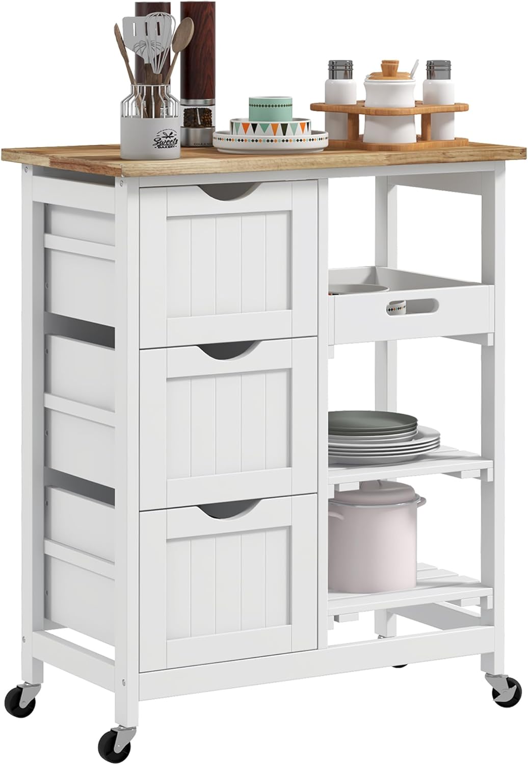 HOMCOM Carrello da cucina, 3 cassetti, 3 ripiani, 67 × 37 × 85,5cm, Bianco, legno, con ruote, per sala da pranzo e cucina