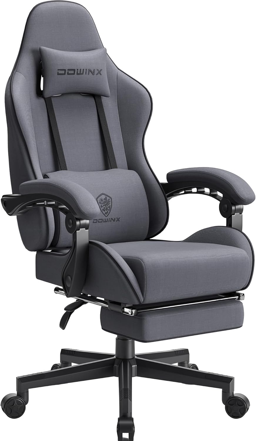 Sedia gaming Dowinx, Nero, tessuto, ergonomica, con cuscino, regolabile, con poggiapiedi, per ufficio