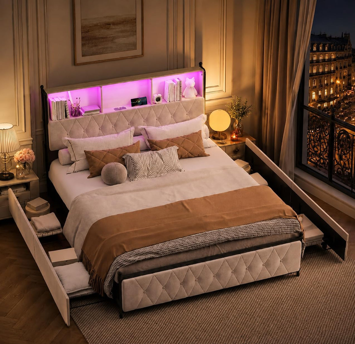 Letto LIVLUX, 4 cassetti, matrimoniale, 182 × 217 × 114 cm, misura 160 × 200, legno, metallo, Beige, con contenitore, con illuminazione LED
