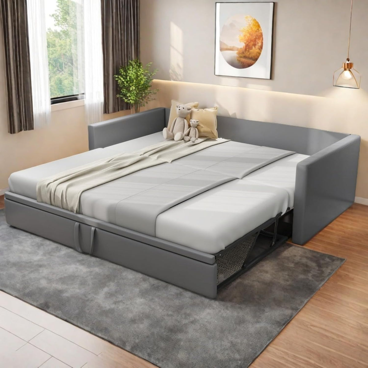 Divano letto Trdlpyn, 180 × 200 cm, velluto, tessuto, Grigio, allungabile, con braccioli, con rete a doghe, imbottito, per soggiorno
