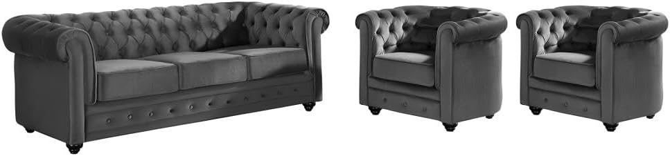 Divano Vente-unique, 3 posti, 2 poltrone, 205 × 88 × 72 cm, 82 × 78 × 72 cm, velluto, Antracite, sfoderabile, imbottito, per soggiorno