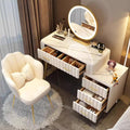 MiaJJooLi Toeletta da trucco 100 cm con specchio LED e sgabello, 5 cassetti, Bianco, legno e velluto