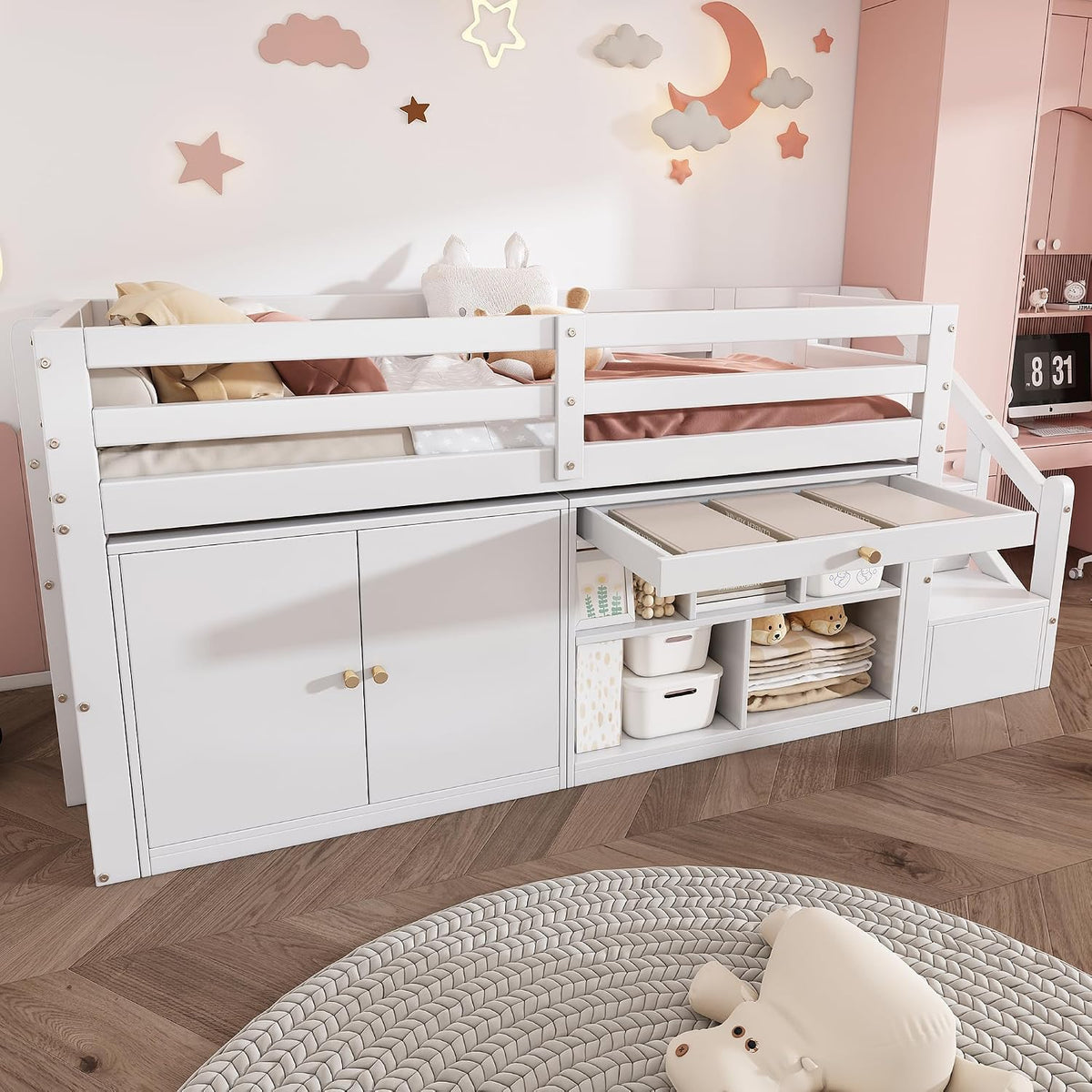 Letto a castello Cayipng, 2 posti, misura 90 × 200, Bianco, con contenitore, per camera da letto