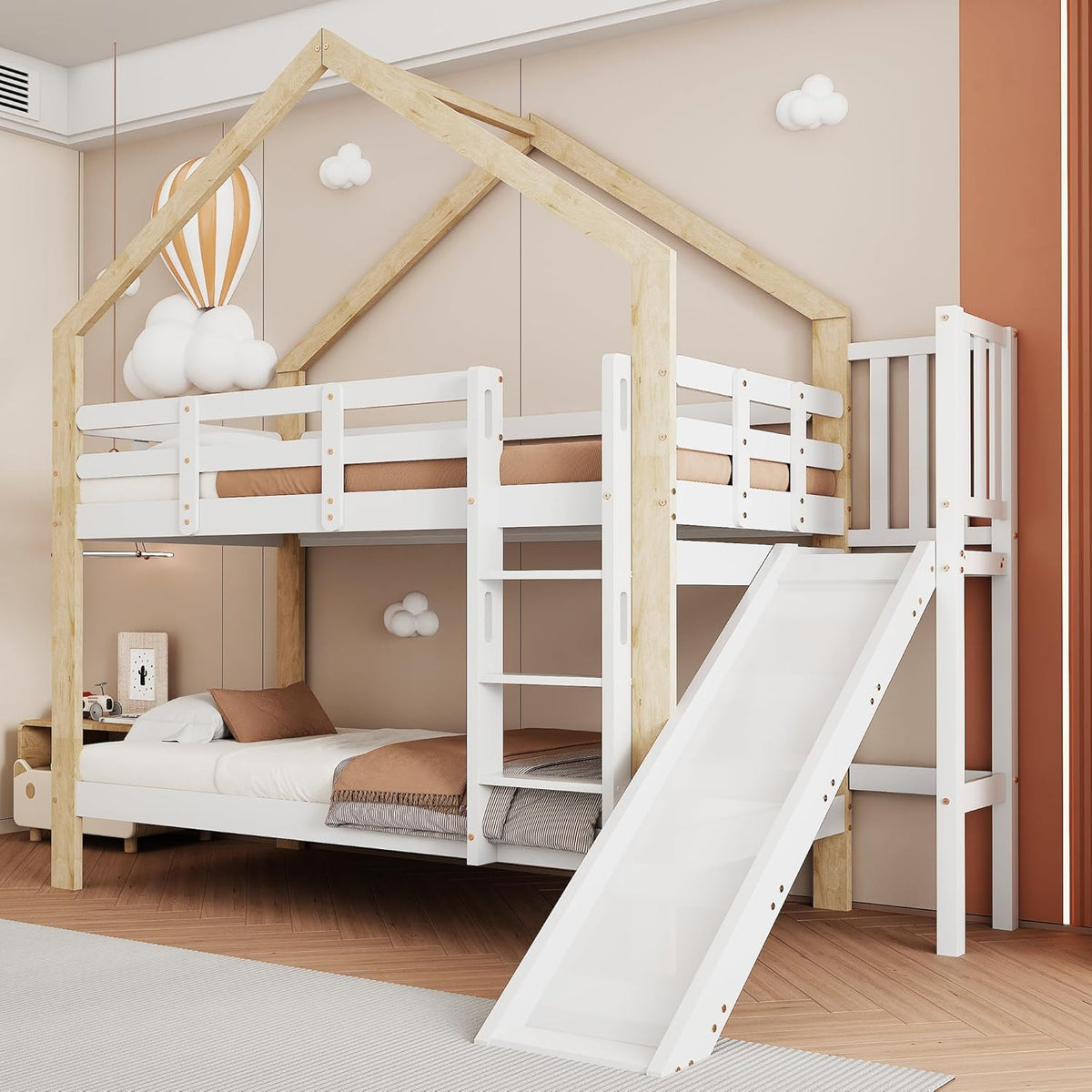 Letto a castello Lexiou, 90 × 200 cm, Bianco/Naturale, legno massello, per camera da letto