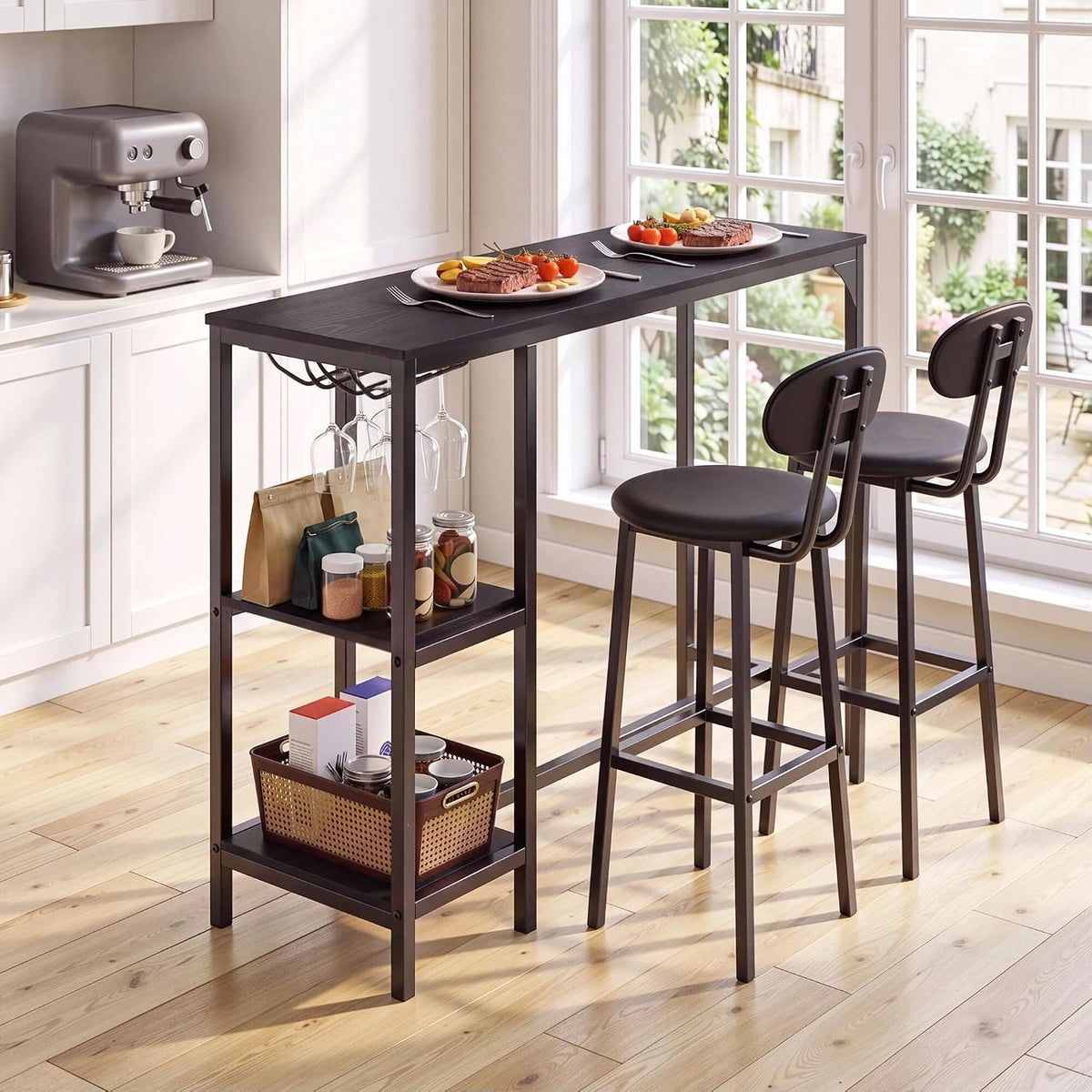 Tavolo da bar Xbro, 120 × 40 × 90 cm, 2 sgabelli, legno, per sala da pranzo e cucina