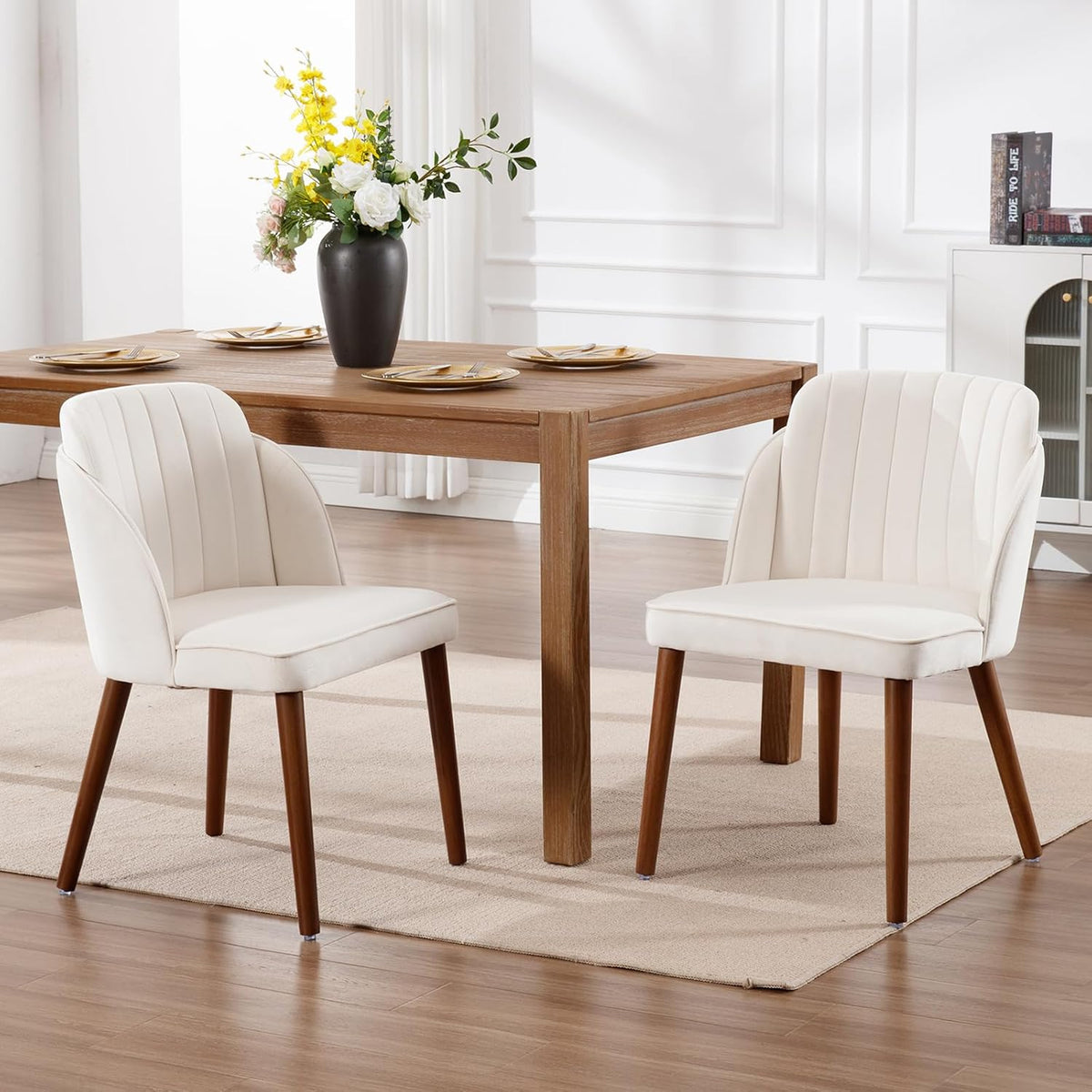 Set di sedie da pranzo chairus, Bianco, 2 sedie, legno, velluto, per sala da pranzo e cucina
