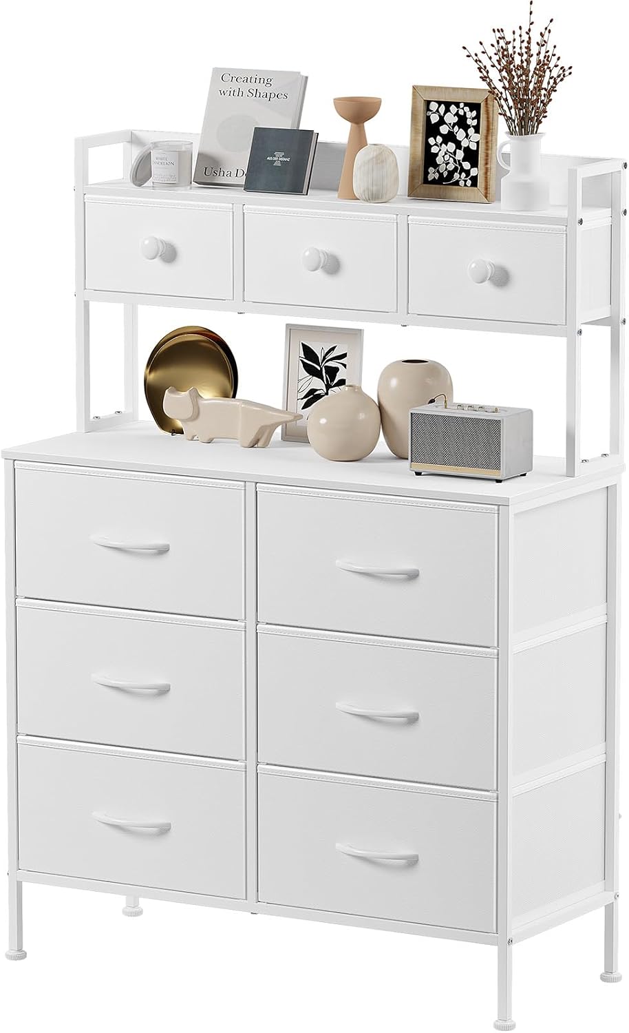Cassettiera Mintnook, 85 × 35 × 130 cm, 9 cassetti, Bianco, legno, metallo, per soggiorno e camera da letto