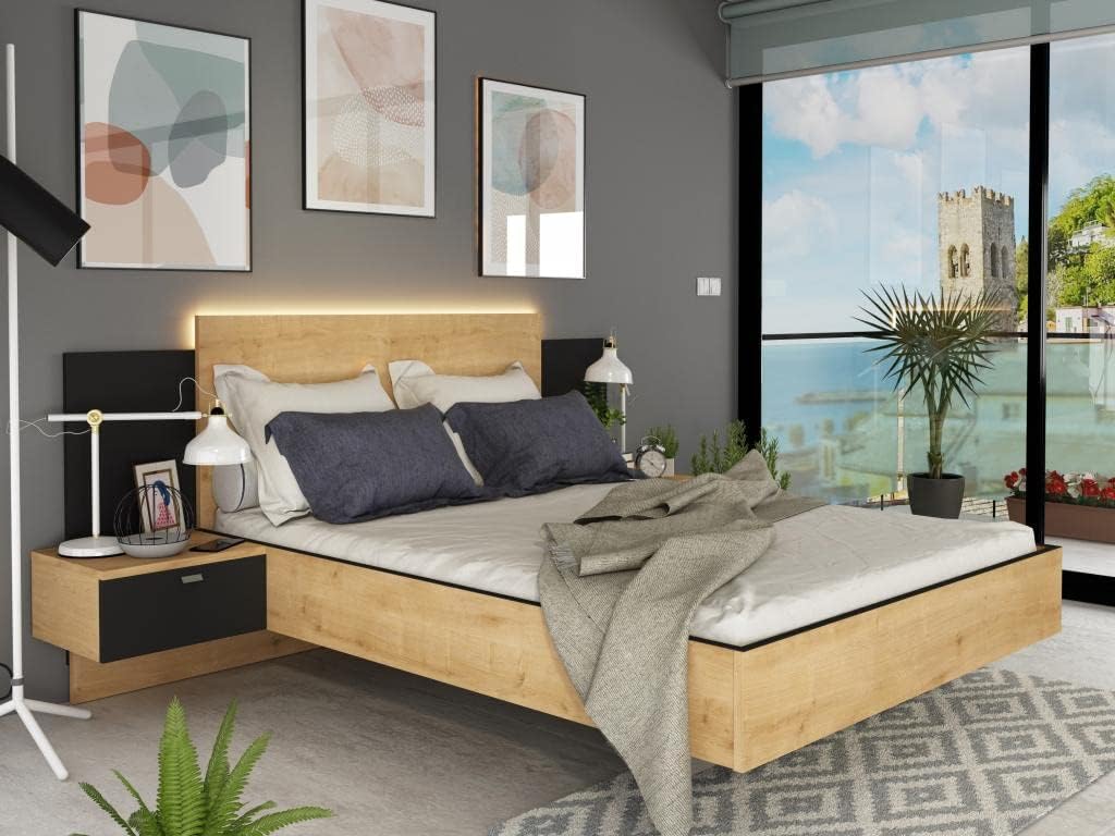 Vente-unique Letto, SULOF, LED 140, 2 cassetti, 140 × 190 cm, Naturale/Nero, legno, per camera da letto