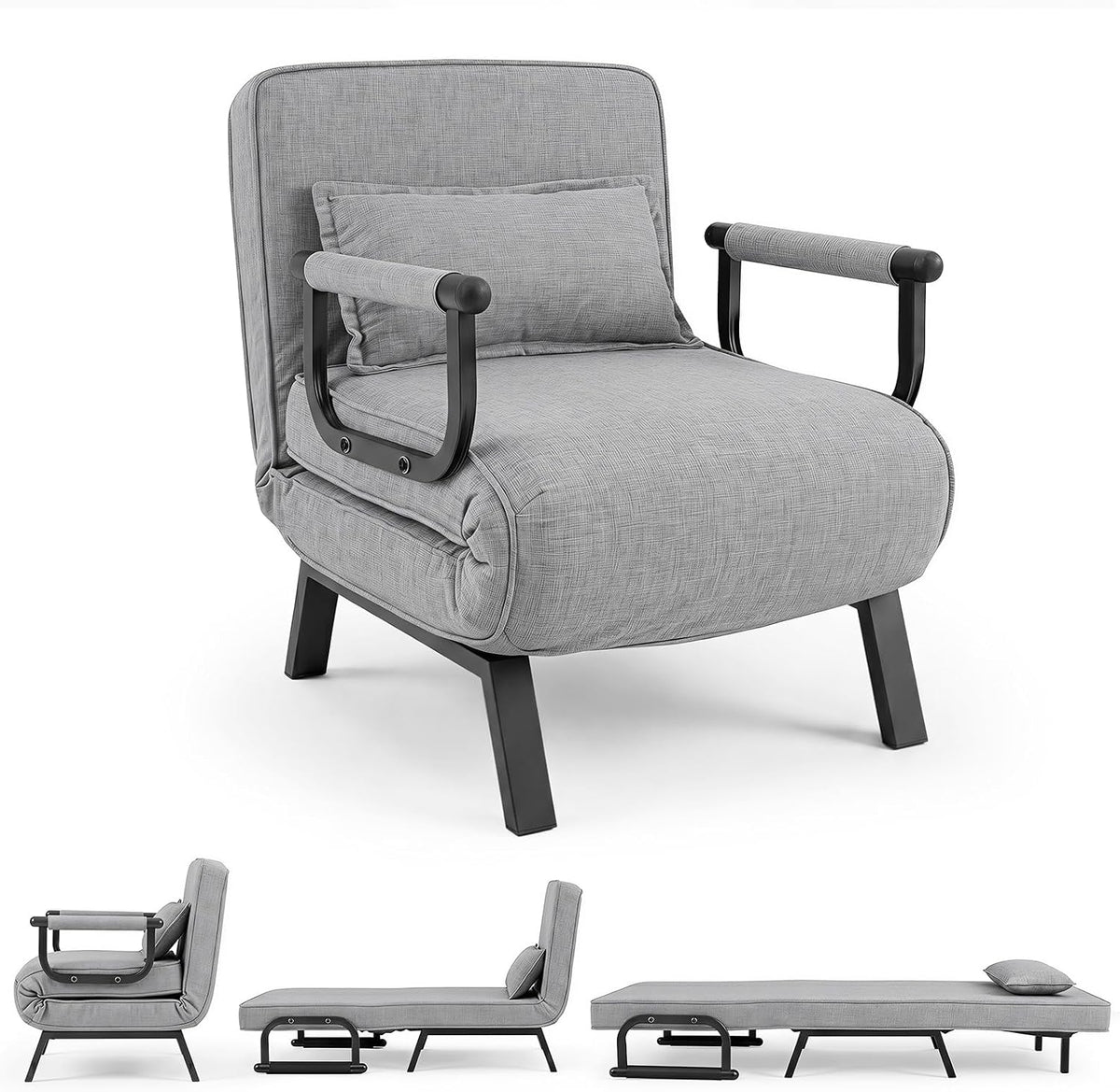 Poltrona letto COSTWAY, singolo, 4 in 1, 79 × 65 × 79 cm, lino, tessuto, Grigio chiaro, trasformabile, reclinabile, regolabile, pieghevole