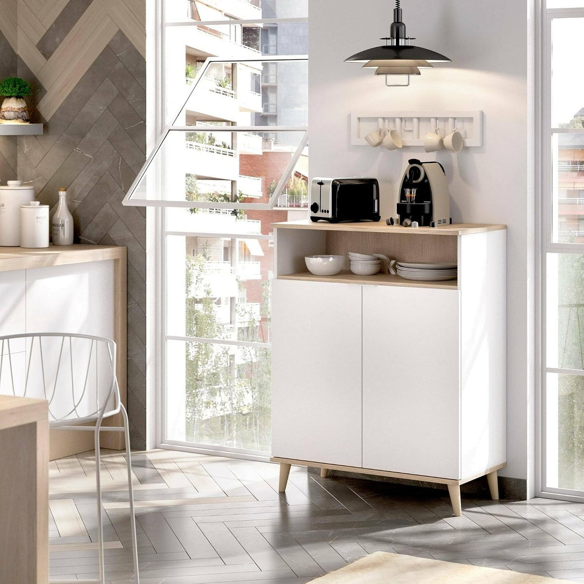Credenza Dmora, 2 ante, Bianco e rovere, per soggiorno e sala da pranzo, 80x40h102 cm