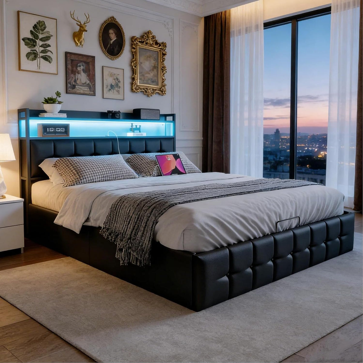 BRILVERDE Letto, matrimoniale, 160 × 200 cm, Nero, con contenitore, con rete a doghe, imbottito, con testiera, per camera da letto