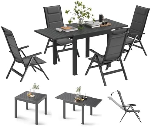 Devoko Set da pranzo, 5 pezzi, 4 sedie, 80 × 80 cm, 160 × 80 cm, Grigio, alluminio, allungabile, pieghevole, per giardino e terrazzo