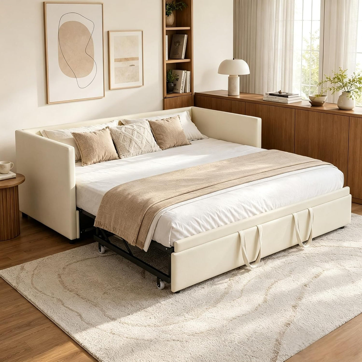 Divano letto YGHQAP, 2 posti, 180 × 200 cm, velluto, Beige, trasformabile, con funzione letto, allungabile, con braccioli, con rete a doghe