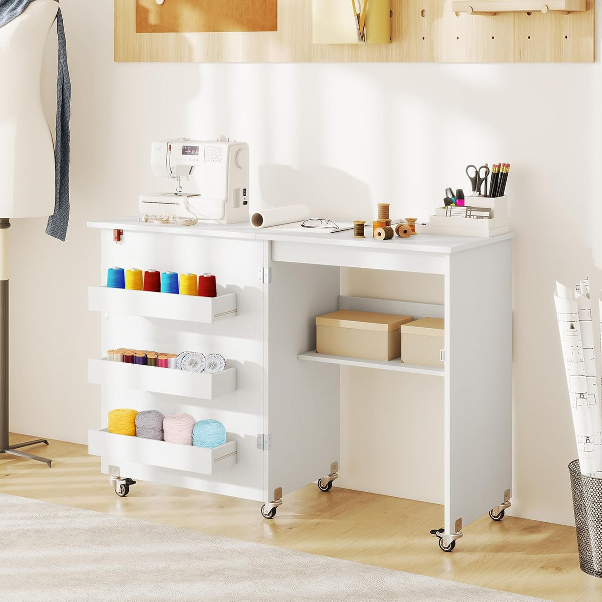 Tavolo pieghevole GIANTEX, 4 ripiani, 119 × 40 cm, Bianco, con ruote, per camera da letto