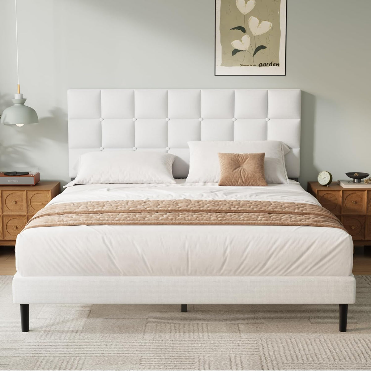 Yocreat Struttura letto king size imbottita con testiera e contenitore, doghe in legno, rivestimento in lino, senza base a molle