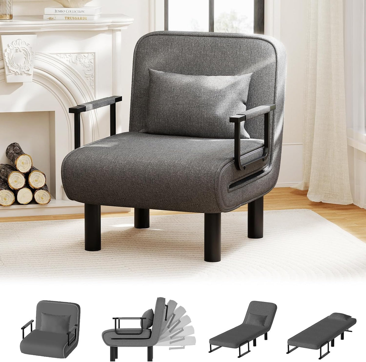 Ckaff Divano letto, singolo, 4 in 1, Grigio scuro, lino, regolabile, pieghevole, per soggiorno