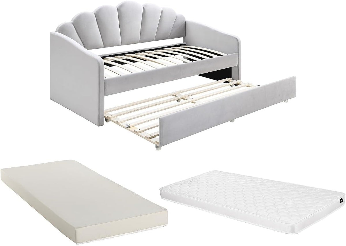 Letto Vente-unique ELUSIA, 2 × 90 × 190 cm, materasso incluso, velluto, Grigio, per camera da letto