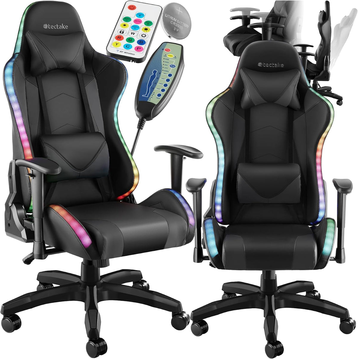 Sedia gaming tectake, acciaio, Nero, girevole a 360°, regolabile, con braccioli, con illuminazione LED, per ufficio