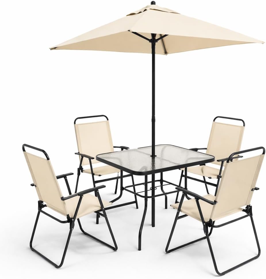 Set da pranzo Shally Dogan, Beige, set 6 pezzi, 4 sedie, pieghevole, vetro temperato, per giardino e terrazzo