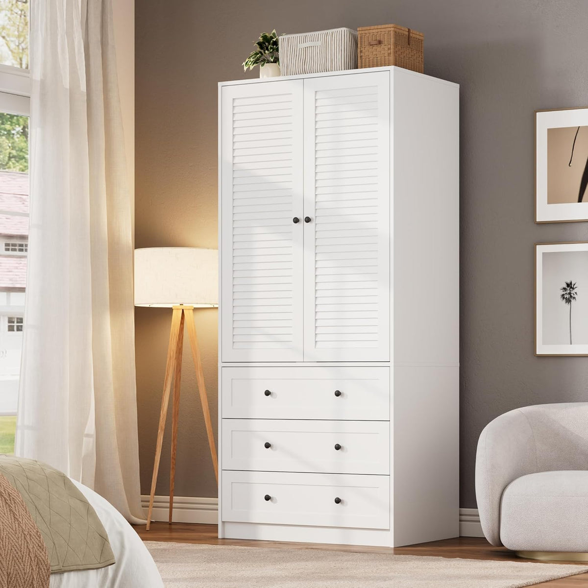 Armadio guardaroba Garvee, Bianco, 2 ante, 3 cassetti, legno, per camera da letto