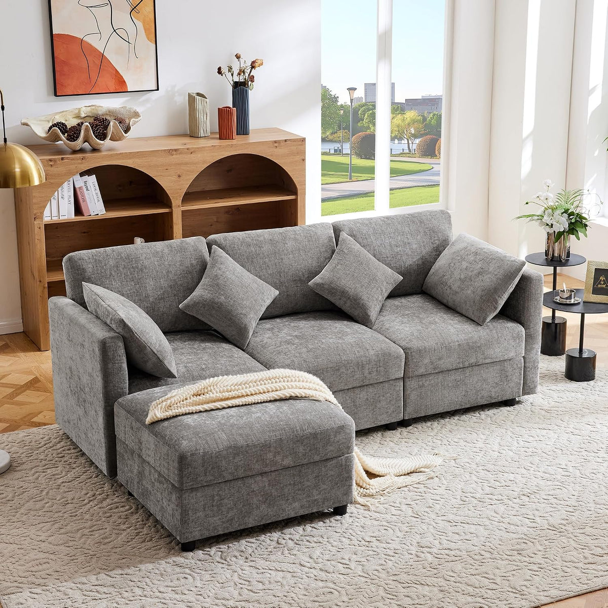 Divano letto Idemon, trasformabile, regolabile, con poggiapiedi, con braccioli, 218 × 156,5 × 86 cm, 3 posti, Grigio, ciniglia, tessuto, con cuscini
