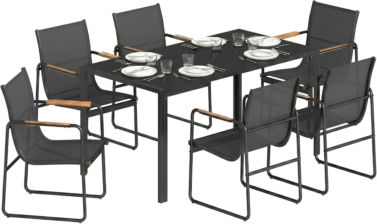 Set da pranzo Outsunny, 7 pezzi, Nero, vetro temperato, per giardino e terrazzo