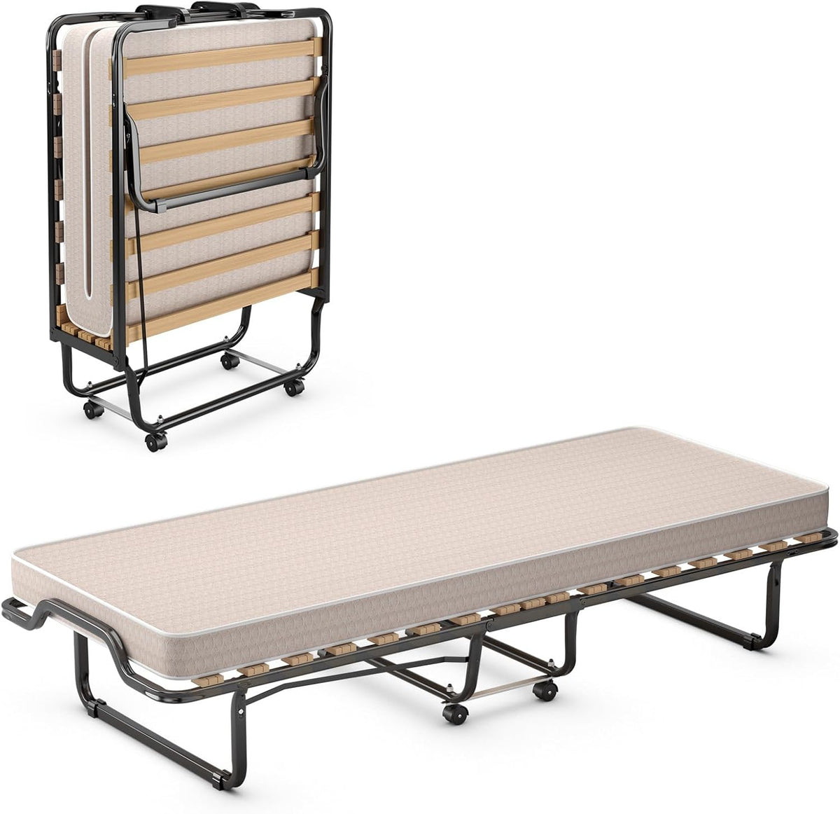 COSTWAY Brandina pieghevole, Beige, 200 × 90 × 41 cm, memory foam, con ruote