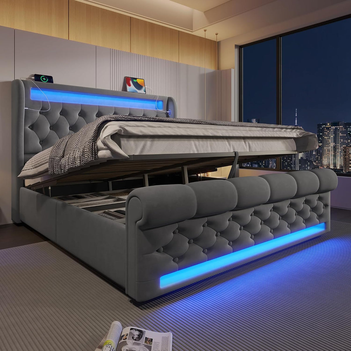 Letto Ktipm, 140 × 200 cm, con contenitore, con porta USB, imbottito, per camera da letto