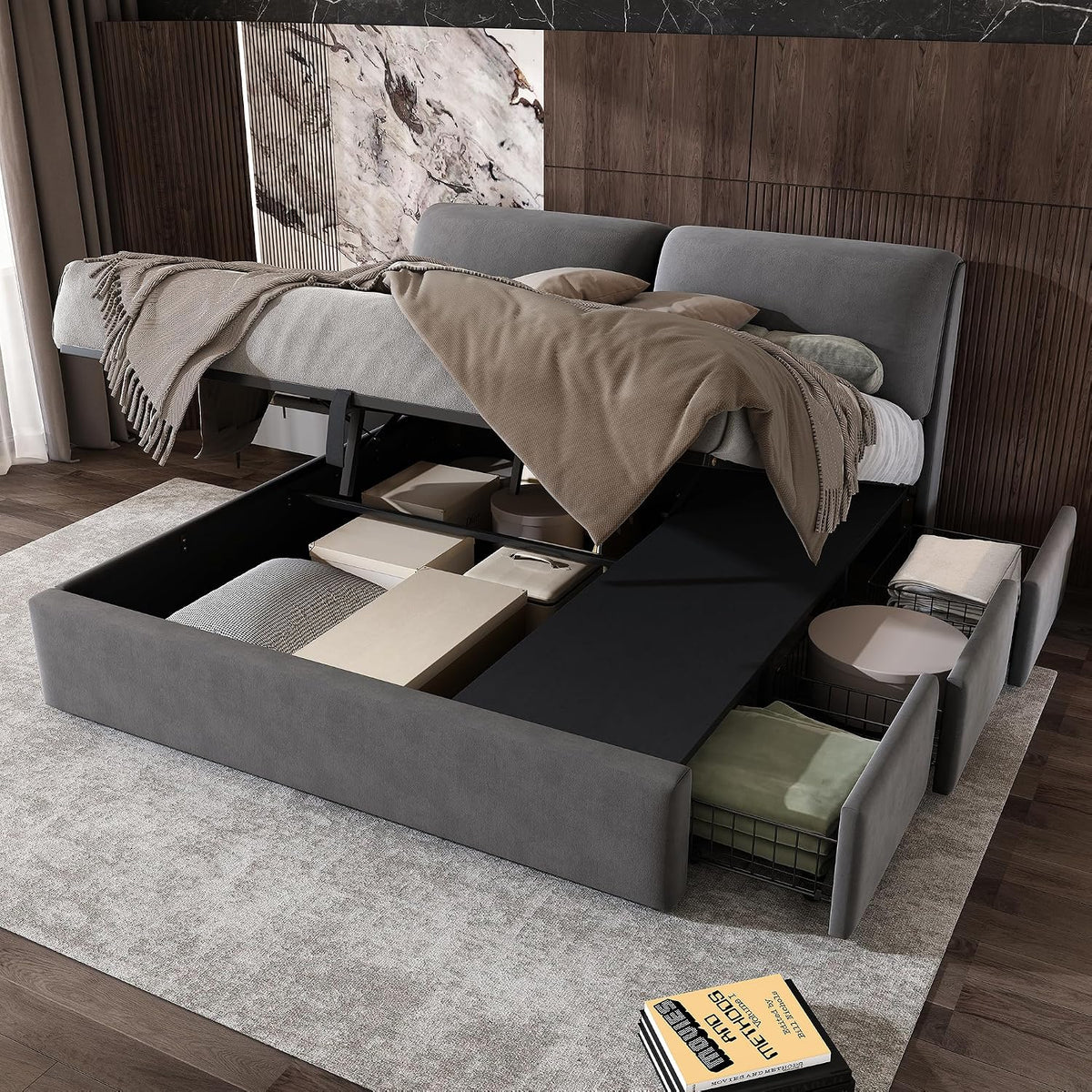 Letto contenitore Rtopsu, 3 cassetti, matrimoniale, 180 × 200 cm, legno, metallo, Grigio, regolabile, con rete a doghe, imbottito