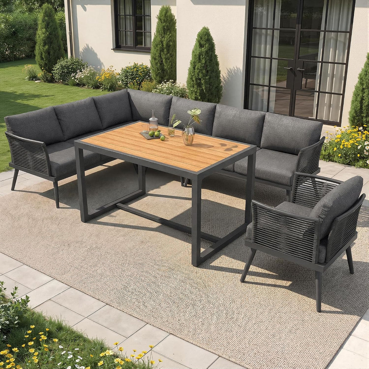 Set da pranzo ZKLOEP, Grigio/Beige, legno, con cuscini, con tavolino, per giardino e terrazzo