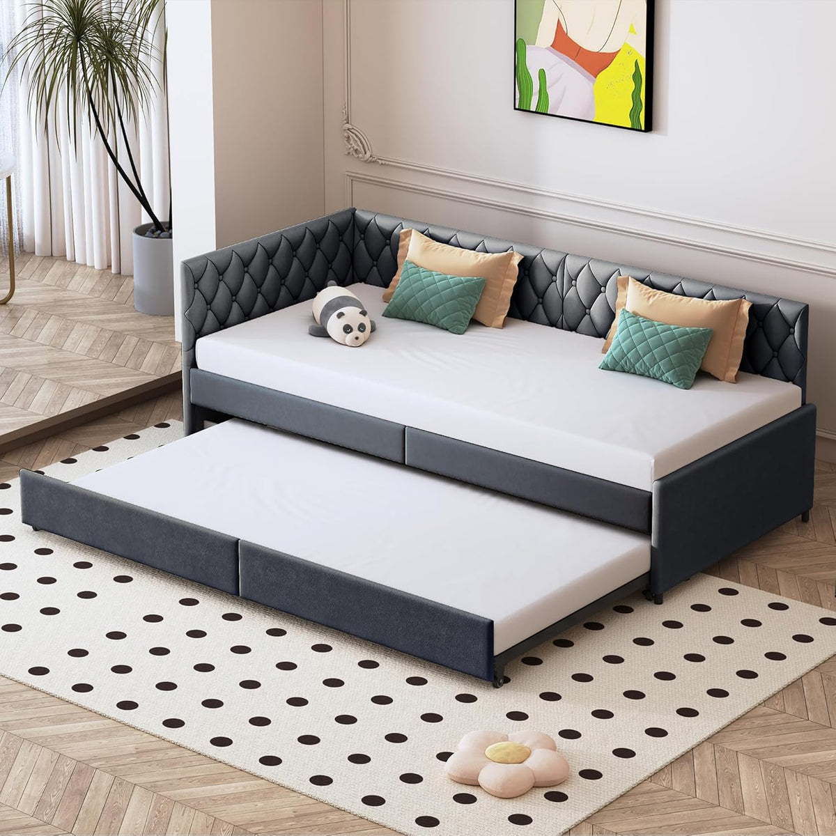 Divano letto EZSSW, 2 posti, 205 × 96,5 × 70 cm, velluto, Grigio, con funzione letto, allungabile, pieghevole, con braccioli, con rete a doghe