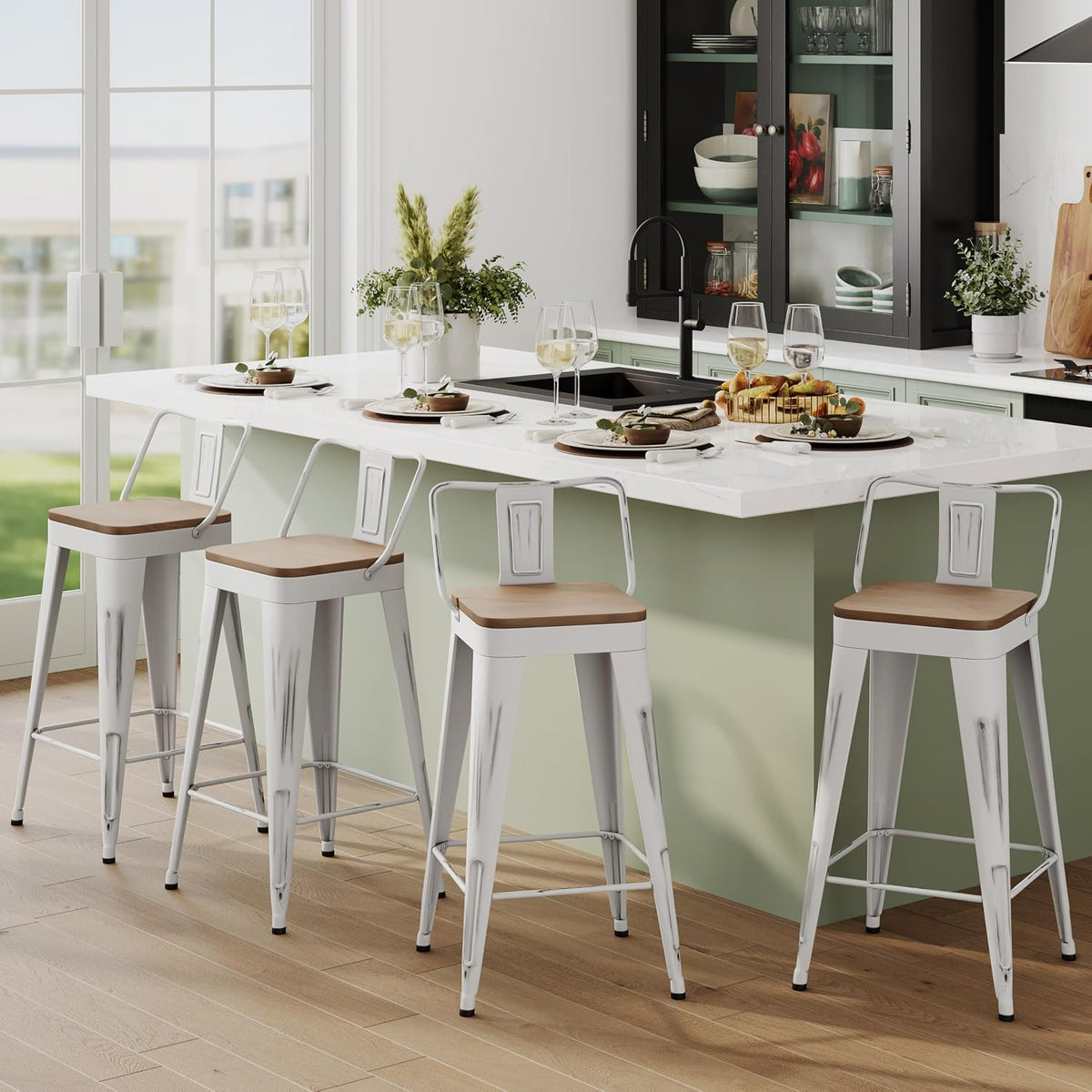 Sgabello Andeworld, 30,5 × 30,5 cm, Bianco, 4 sgabelli, legno, metallo