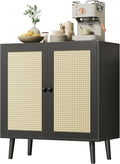 Armadietto Huuger, Nero, con contenitore, legno massello, rattan, per soggiorno