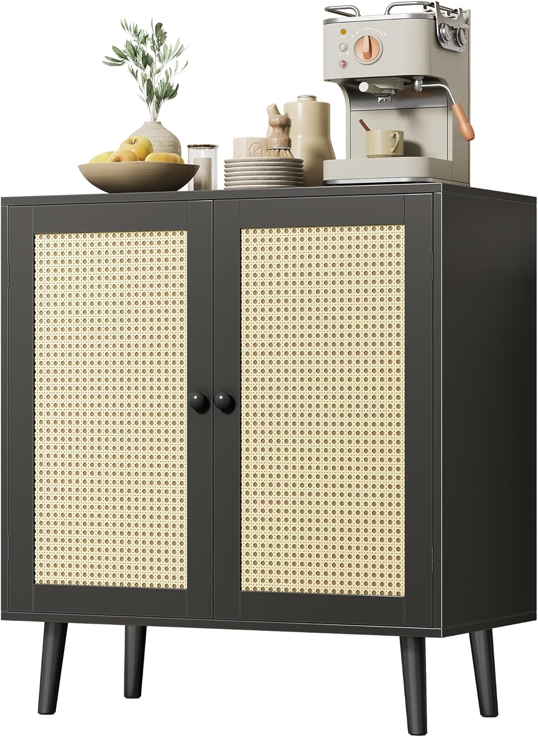 Armadietto Huuger, Nero, con contenitore, legno massello, rattan, per soggiorno