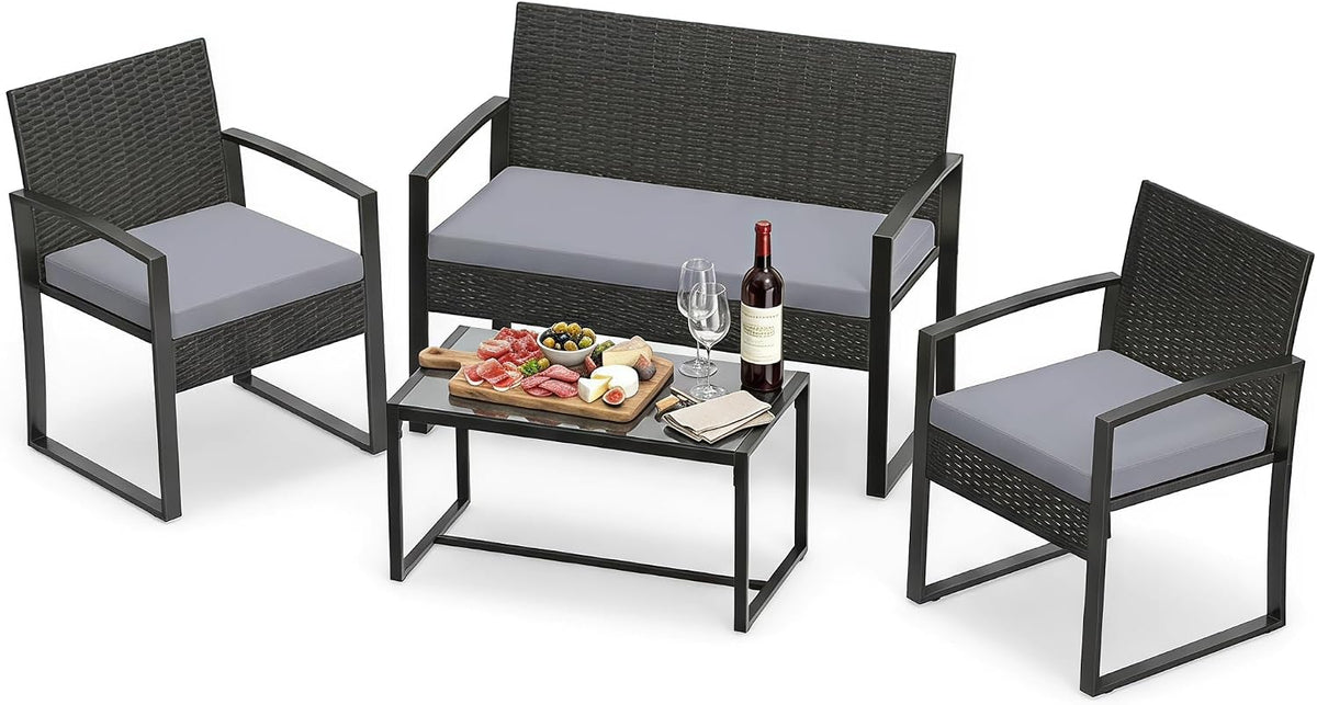 Set di mobili da giardino GIANTEX, Grigio, 2 posti, 2 poltrone, sfoderabile, rattan, vetro temperato, con cuscini, per giardino e terrazzo