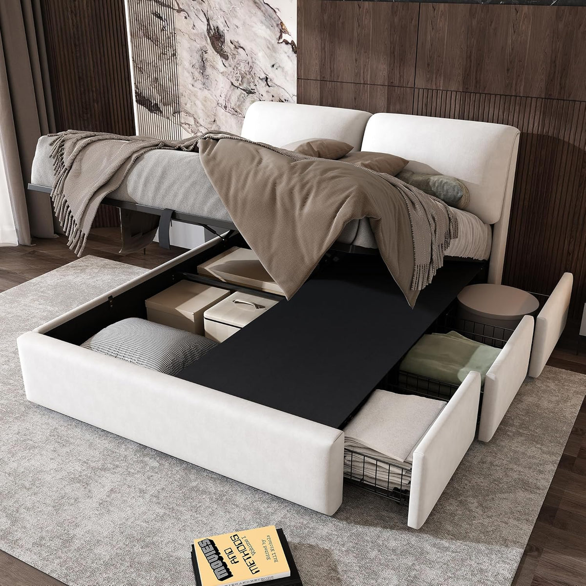 Rtopsu Struttura letto, 3 cassetti, matrimoniale, 140 × 200 cm, Bianco, legno, metallo, con rete a doghe, imbottito, materasso non incluso