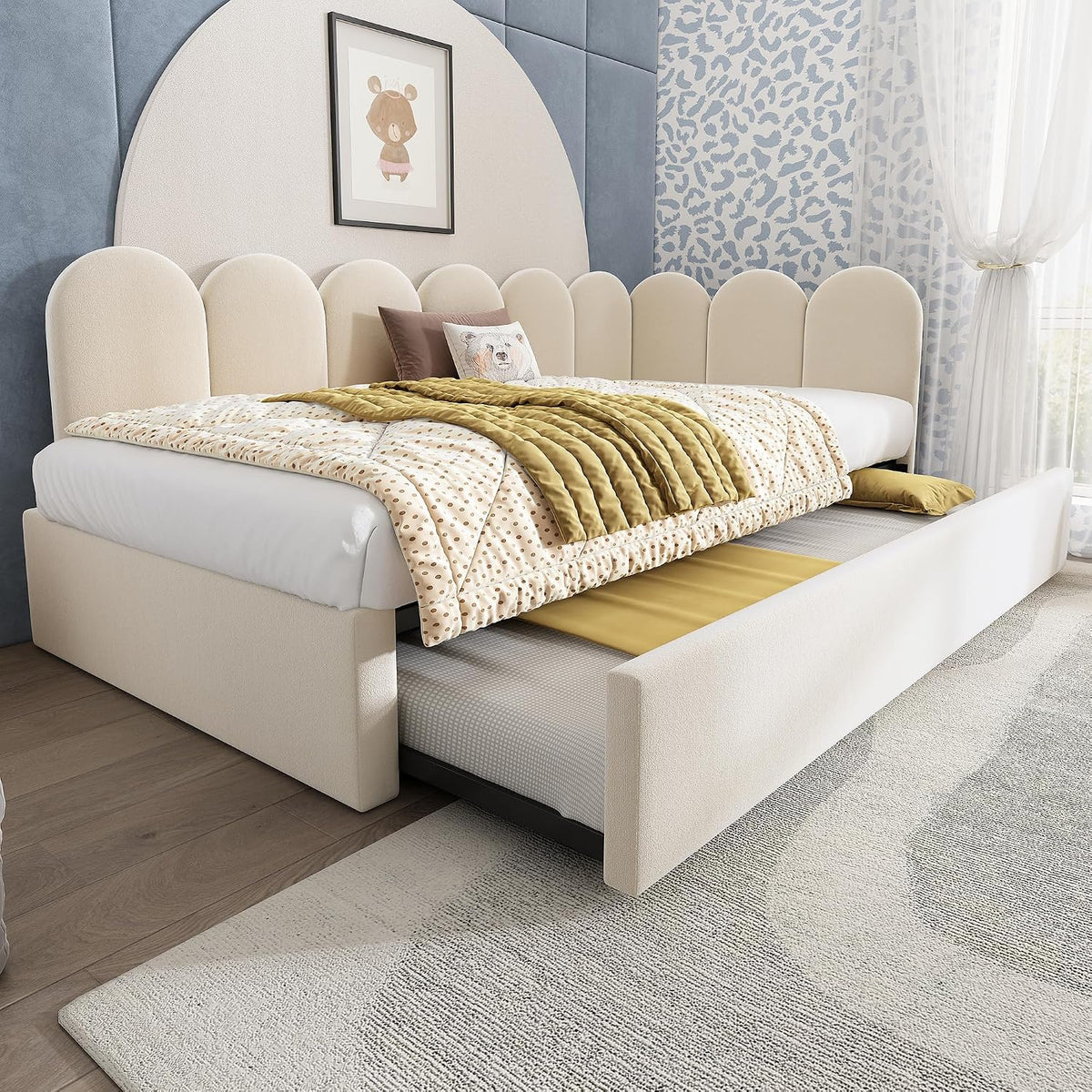 Divano letto NADEUSAK, 90 × 200 cm, 90 × 190 cm, Beige, con rete a doghe, imbottito, velluto, materasso non incluso, per soggiorno