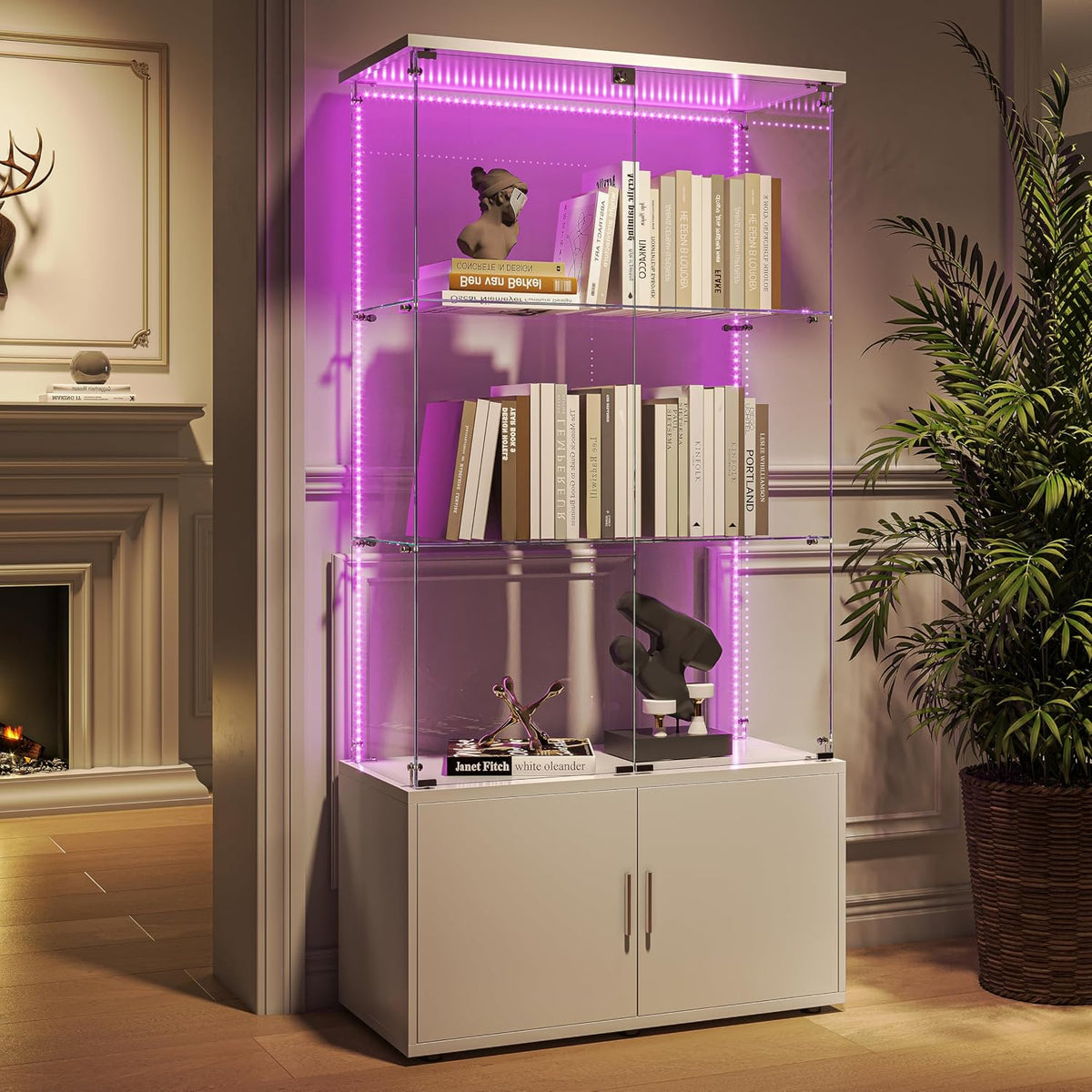 BLSYHDH Vetrina in vetro con LED, 4 ante, 3 ripiani, base in legno, serratura, Bianco