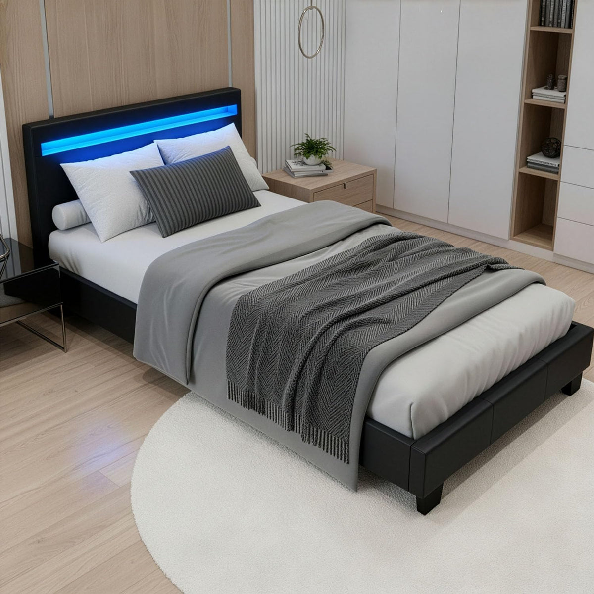 Letto Juskys, 90 × 200 cm, similpelle, Nero, regolabile, con rete a doghe, con illuminazione LED, imbottito, per camera da letto