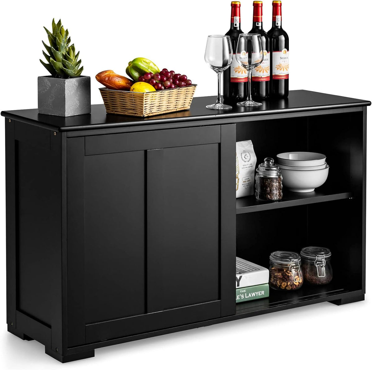 COSTWAY Armadietto, 106,7 × 33 × 62,6 cm, Nero, legno, per sala da pranzo e cucina