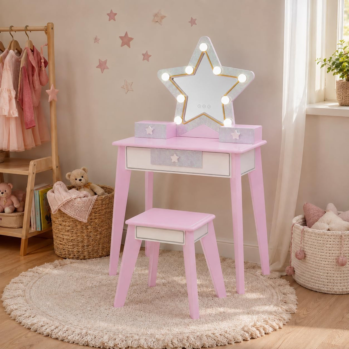 Specchio Teamson Kids, 2 pezzi, 59,7 × 33 × 101,6 cm, legno, vetro, Bianco, con illuminazione LED