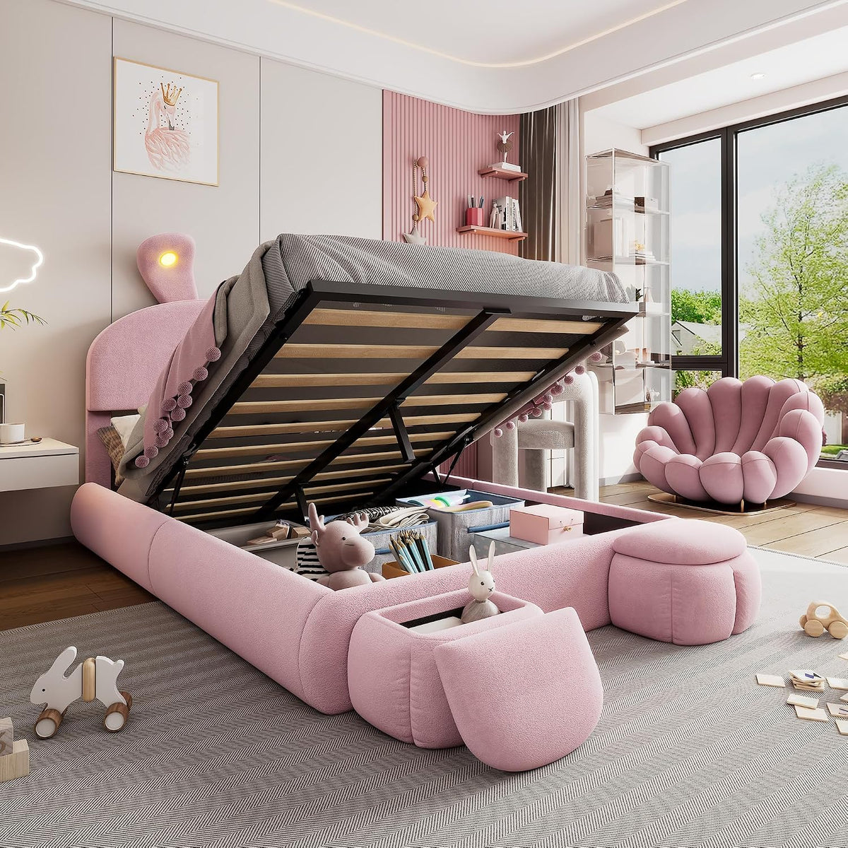 Soweiz Letto, matrimoniale, 140 × 200 cm, Rosa, velluto, regolabile, imbottito, per camera da letto