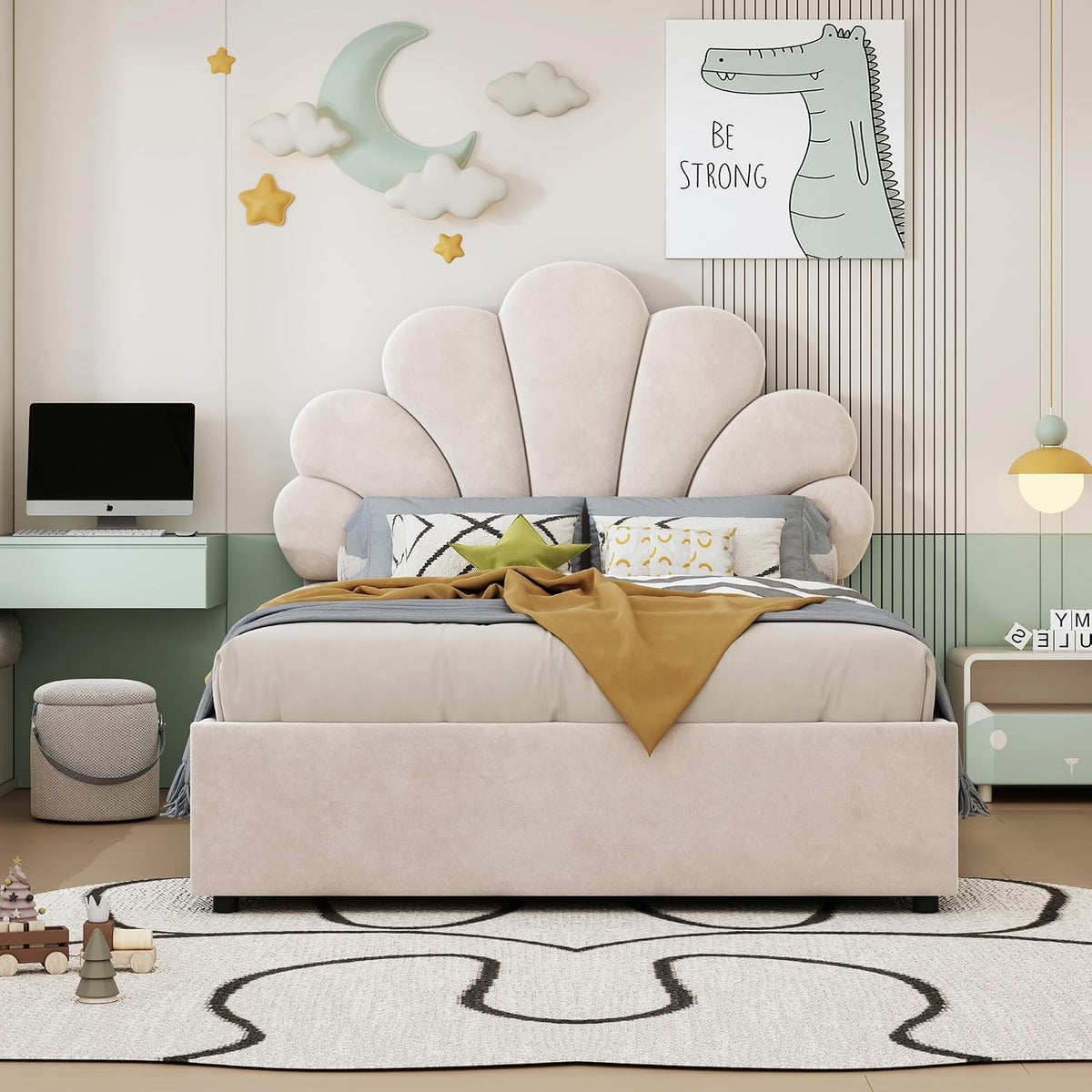 Letto MSMOK, 203 × 94 × 115 cm, velluto, tessuto, Beige, regolabile, con rete a doghe, imbottito, per camera da letto