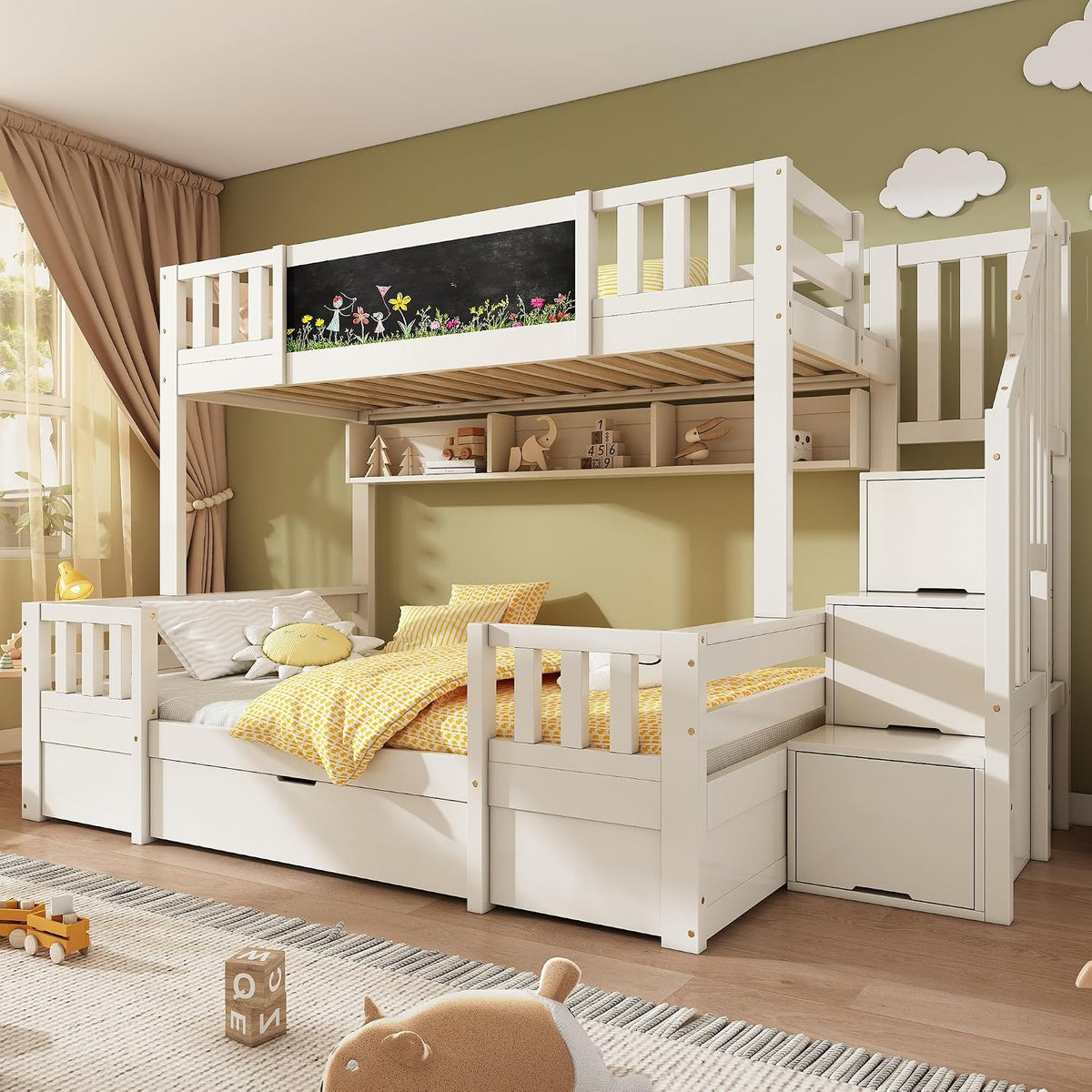 Letto a castello NuvlaGu, 2 cassetti, 140 × 200 cm, misura 90 × 200, legno massello, per camera da letto