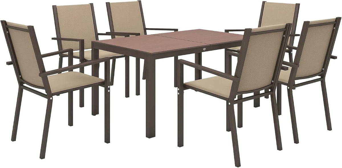 Set da pranzo da giardino Outsunny, 7 pezzi, 6 sedie, acciaio, plastica, Marrone, per giardino e terrazzo